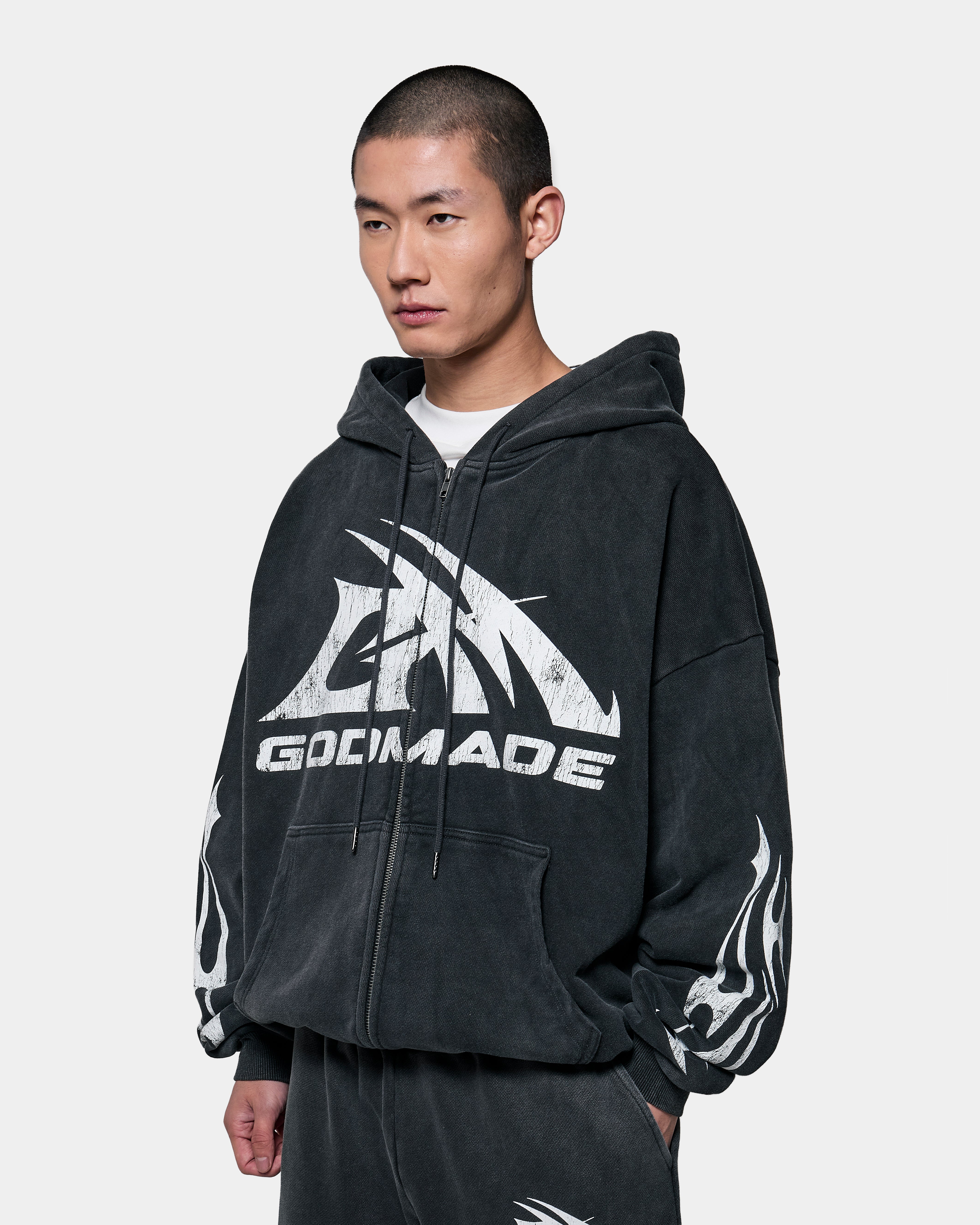 GM LOGO ZIP HOODIE - GREY WASHED – Godmade Clo