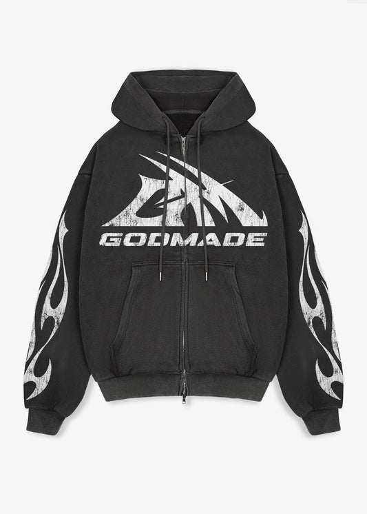 GM LOGO ZIP HOODIE - GREY WASHED