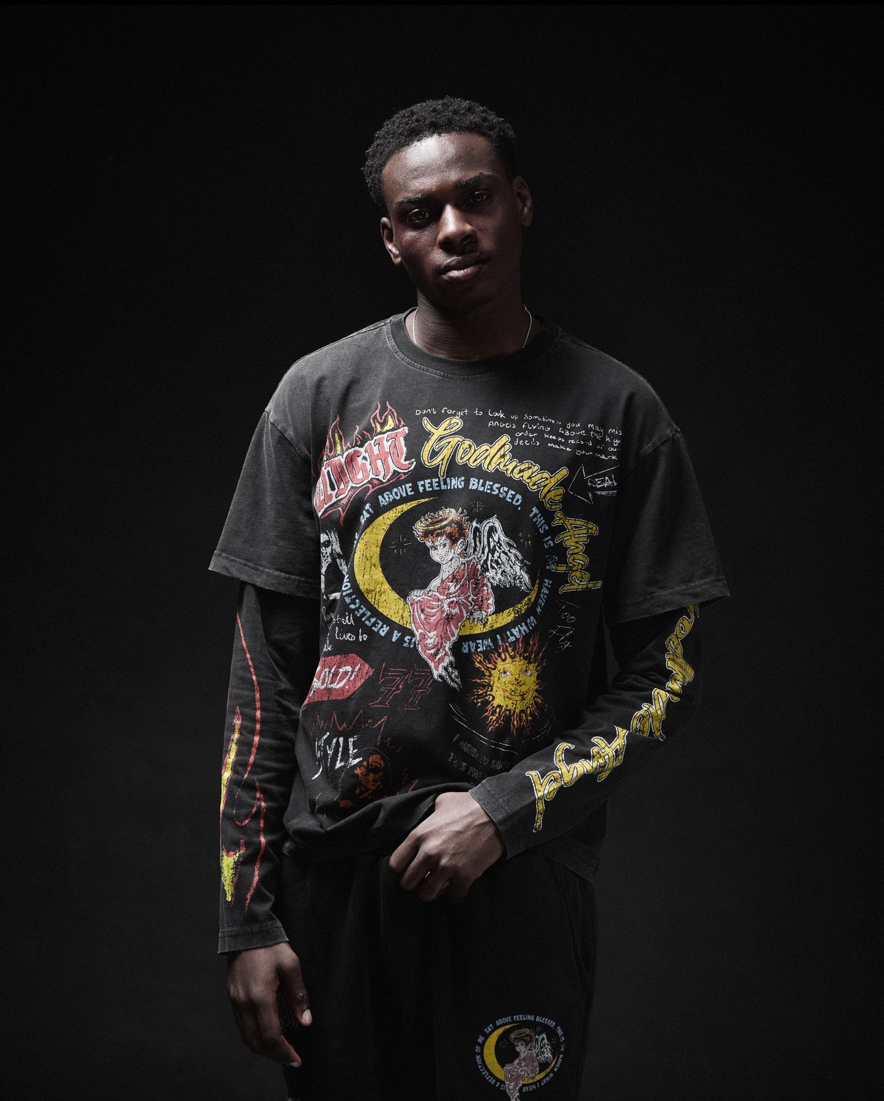 ANGEL GRAPHIC 2 LAYER LONG SLEEVE - WASHED BLACK – Godmade Clo