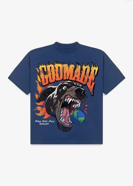 DOG WORLD GRAPHIC T-SHIRT - BLUE WASHED – Godmade Clo